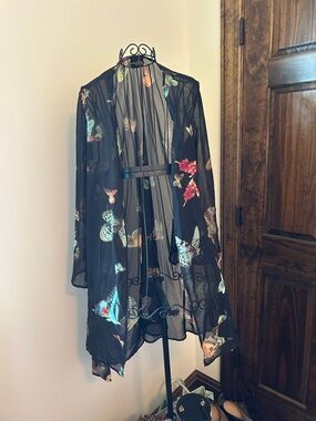 audrey Sheer Black Kimono Robe with Multicolor Butterfly Print